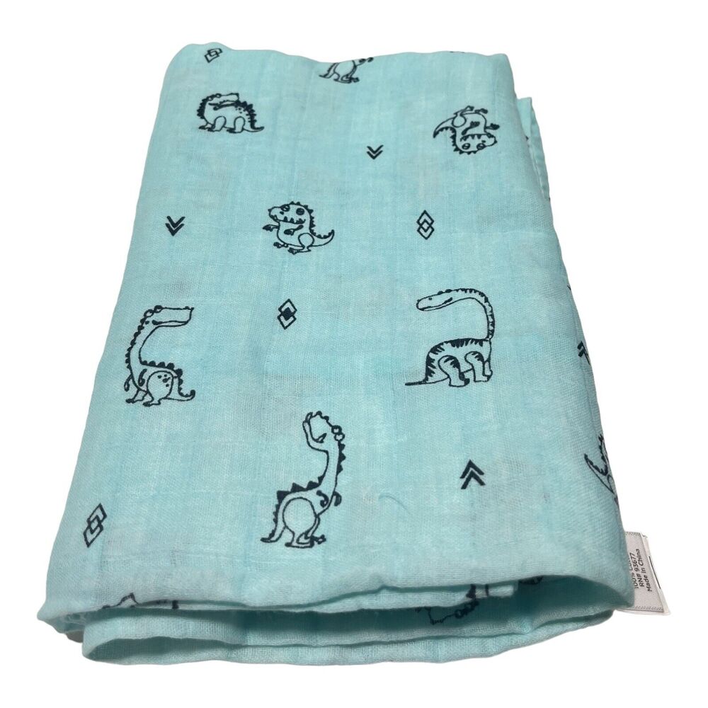 Okie Dokie Blue Dinosaur Muslin Swaddle Baby Blanket 100% Cotton